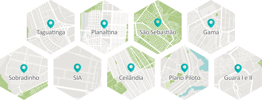 Atuamos em Taguatinga, Planaltina, São Sebastião, Gama, Sobradinho, SIA, Ceilândia, Plano Piloto, Guará I e II